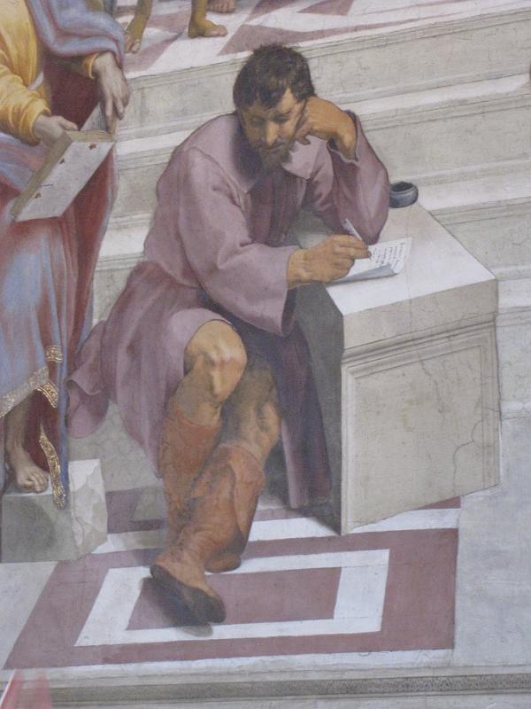 raphaels rooms_michelangelo.jpg - School of Athens. Raphael was zo onder de indruk van het werk dat Michelangelo op hetzelfde moment aan het verrichten was in de Sixtijnse kapel, dat hij hem ook een plaats gaf in de schildering.